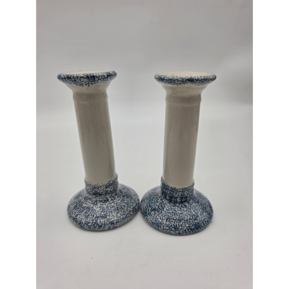 Ceramic Pottery Candle Holders White And Blue Specked Pair